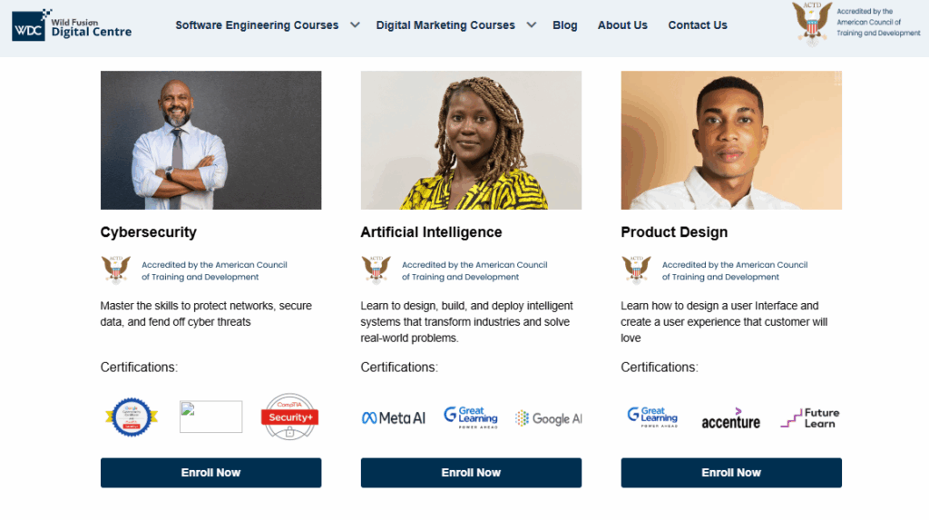 Screenshot of Wild Fusion Digital Centre (WDC) website displaying Cybersecurity, Artificial Intelligence, and Product Design courses.