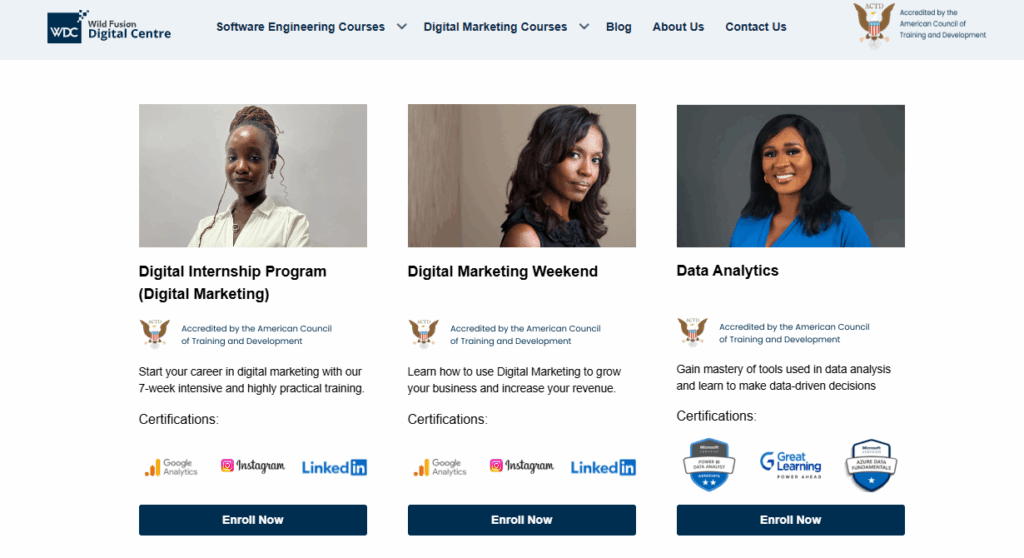 Screenshot of Wild Fusion Digital Centre (WDC) website showing Digital Internship Program, Digital Marketing Weekend, and Data Analytics courses.